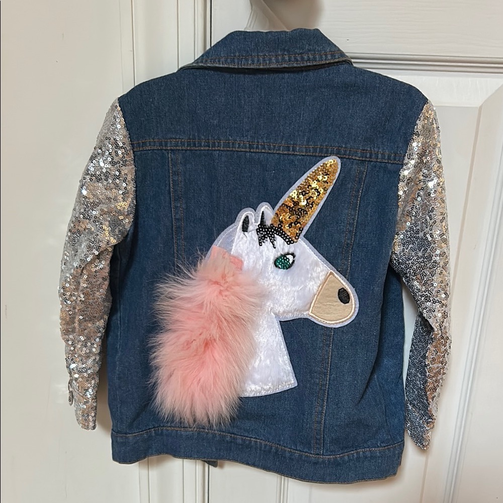Blue and Silver Jean Jacket with Unicorn Appliqué